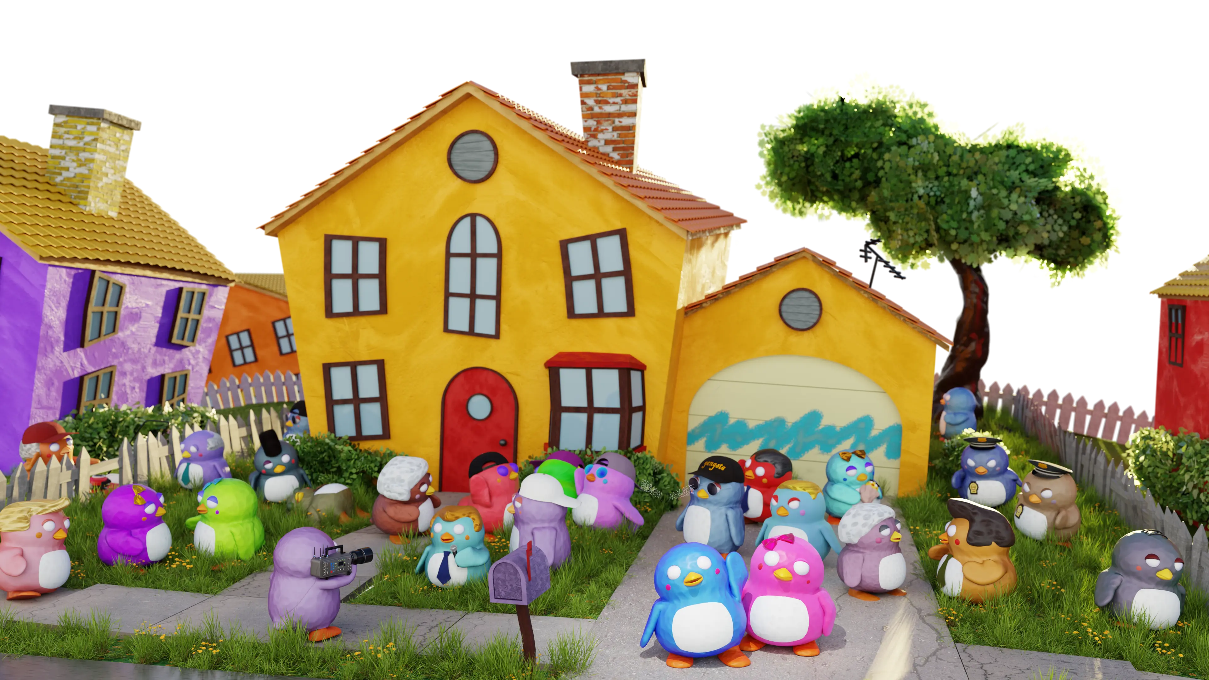The Penguin House cast gathered on the lawn